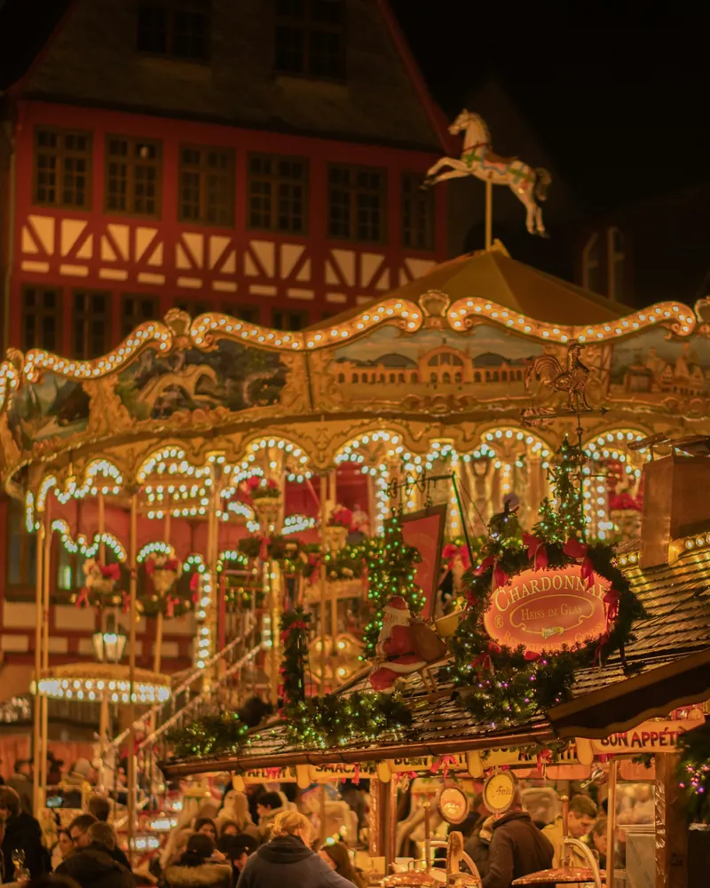 A Christmas market at night