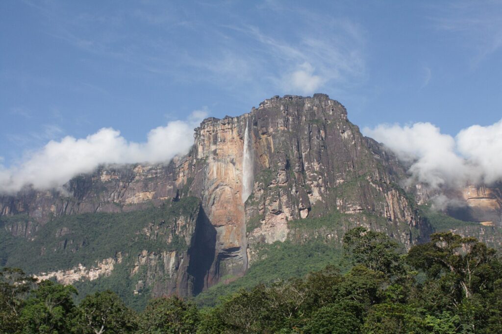 The vertical wall of the Auyantepui with Angel Falls dropping from the summit